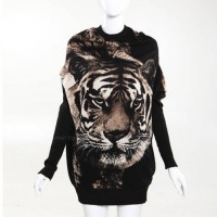 Cardigans Casual Style escote redondo del tigre imprimió la manga del Batwing de tejer 